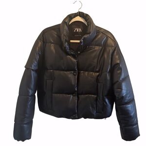 Zara Faux Leather Puffer Jacket – Black Quilted Short Coat – Women’s Medium